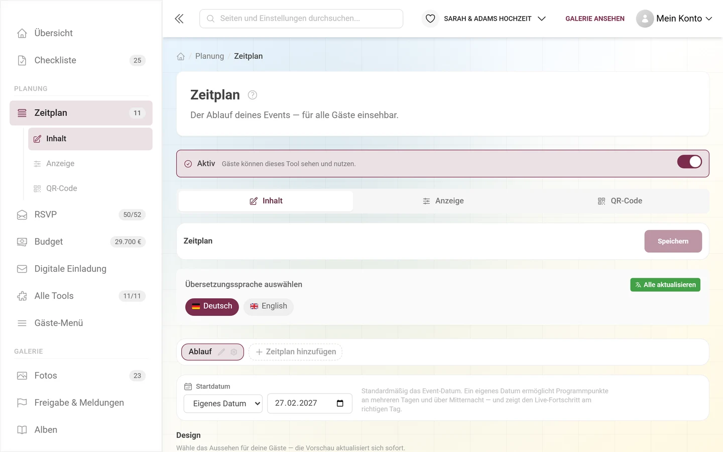 Editor eines Tools mit dem Aktiv-Streifen und der Reiter-Leiste