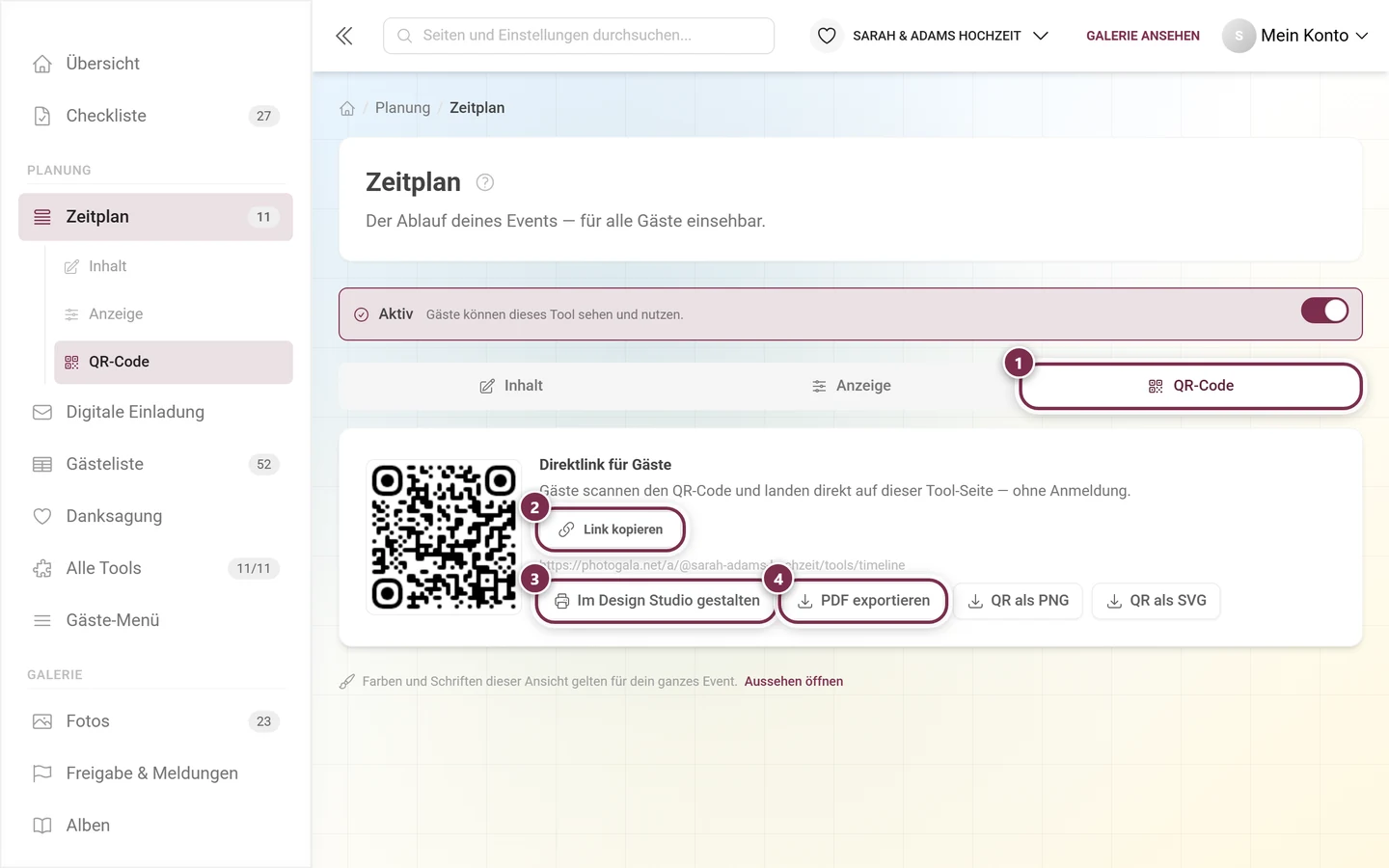 Reiter QR-Code mit nummerierten Ringen um den Reiter, Link kopieren, Im Design Studio gestalten und PDF exportieren