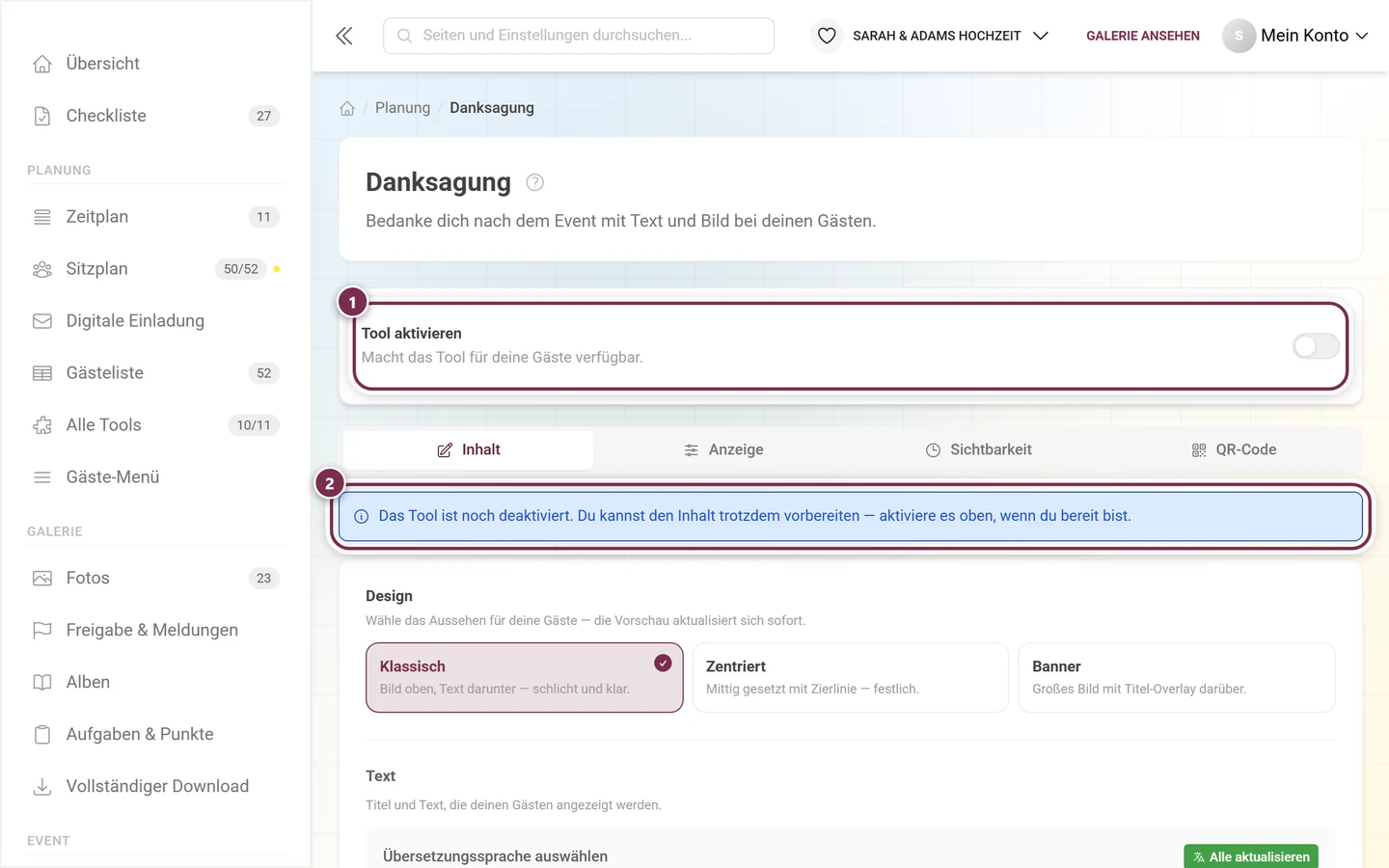 Danksagung mit ausgeschaltetem Tool und blauem Hinweis auf den Entwurfsmodus