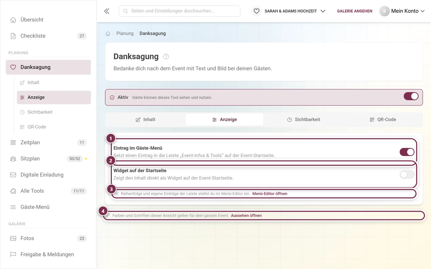 Reiter Anzeige mit den Schaltern für Gäste-Menü und Startseiten-Widget sowie zwei Querlinks