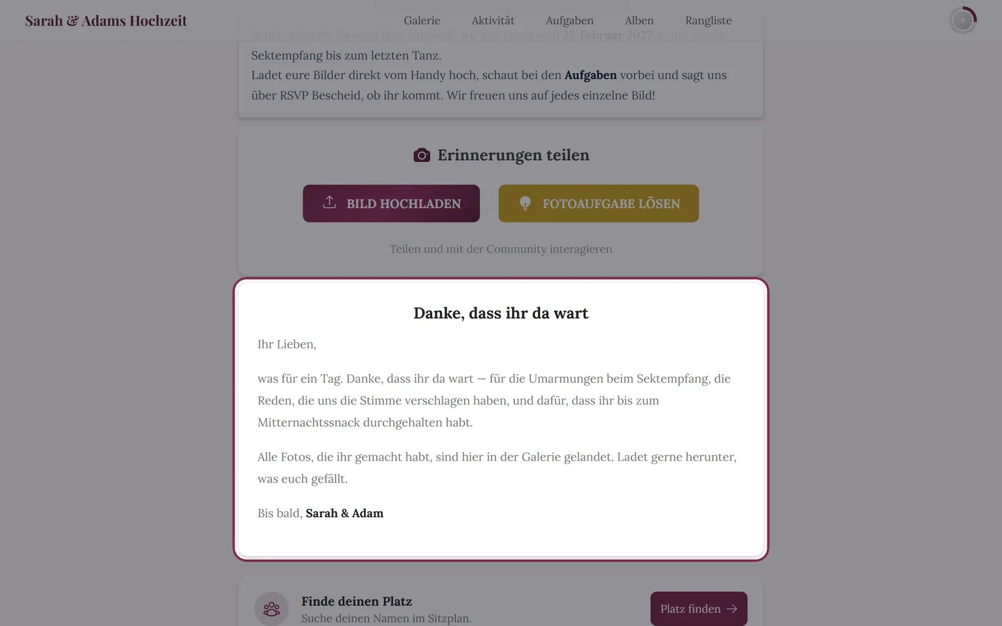 Danksagung als Widget auf der Event-Startseite in der Gästesicht