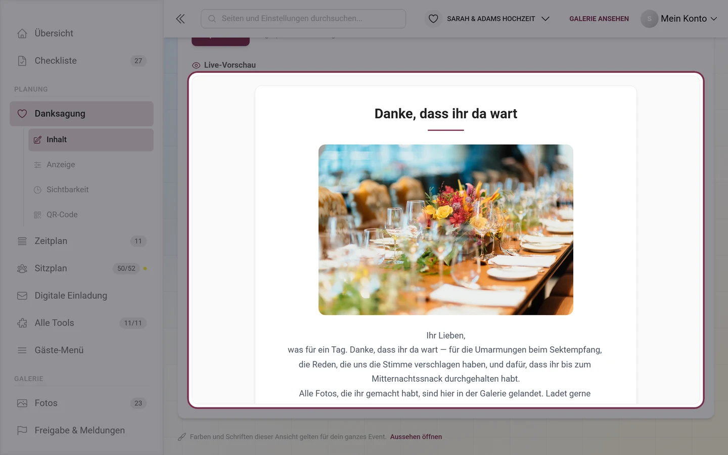 Live-Vorschau im Design Zentriert mit Zierlinie unter der Überschrift