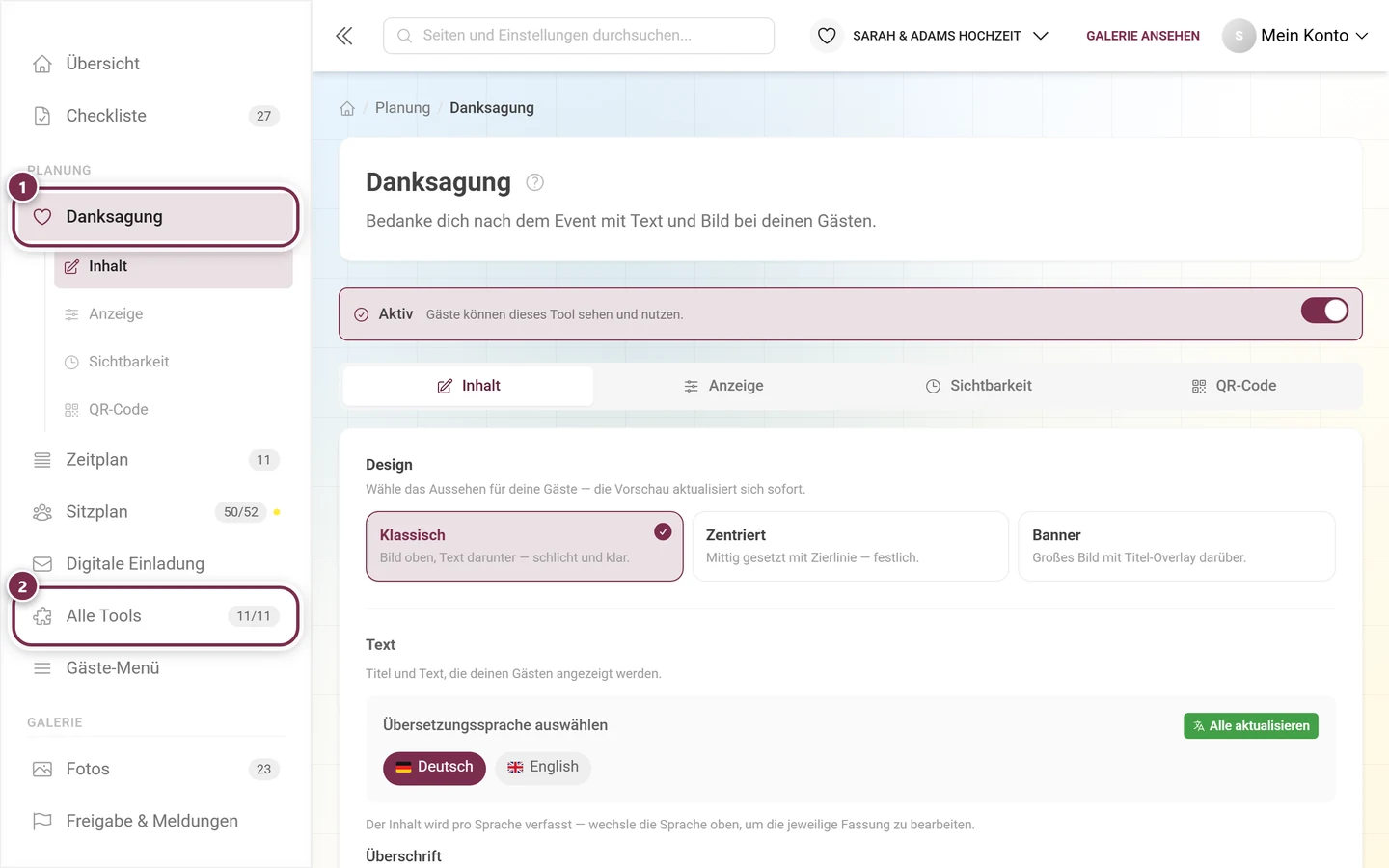 Seitenleiste der Event-Verwaltung mit markiertem Eintrag Danksagung in der Gruppe Planung
