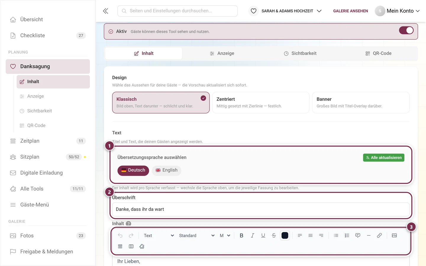 Textbereich der Danksagung mit Sprachleiste, Überschrift und Werkzeugleiste des Editors