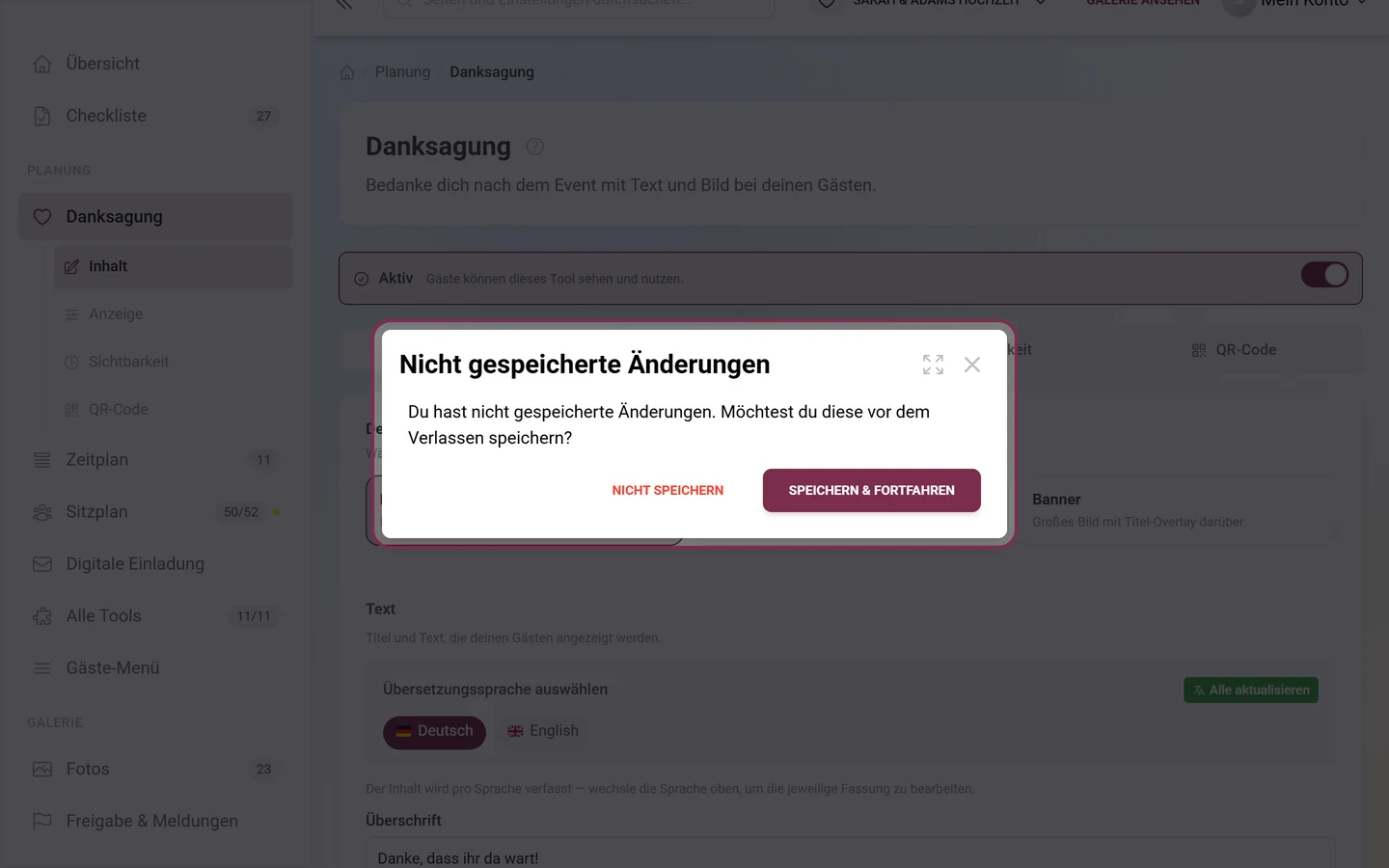 Dialog Nicht gespeicherte Änderungen mit den Schaltflächen Nicht speichern und Speichern und fortfahren