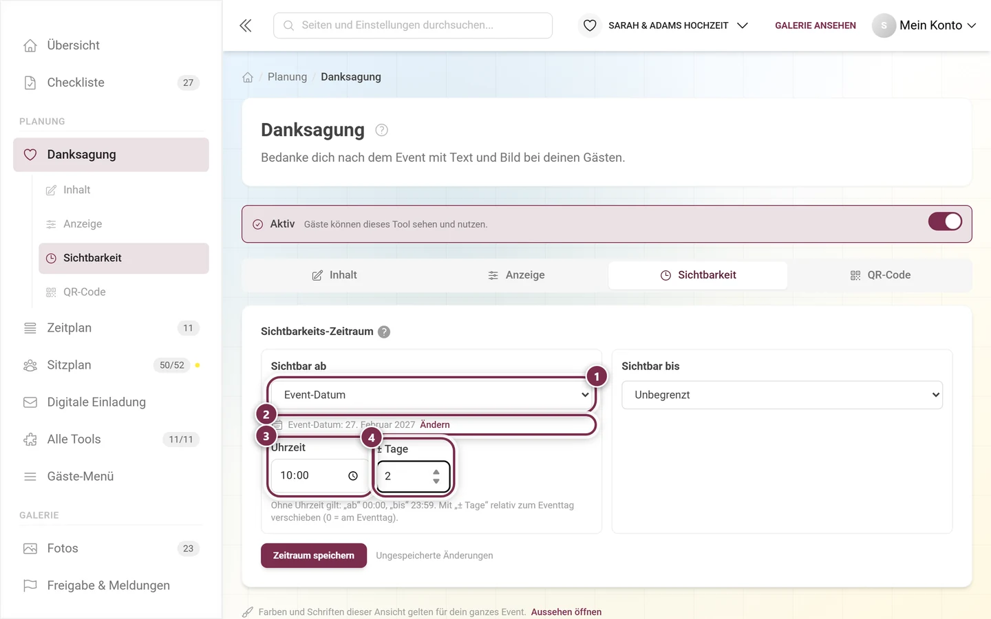 Sichtbar ab im Modus Event-Datum mit Datumshinweis, Uhrzeit und Tagesversatz