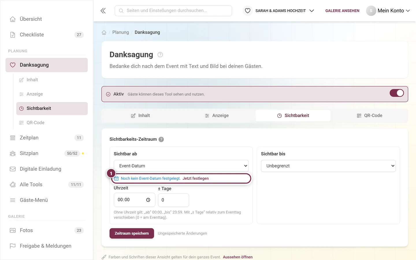 Hinweis Noch kein Event-Datum festgelegt mit dem Link Jetzt festlegen