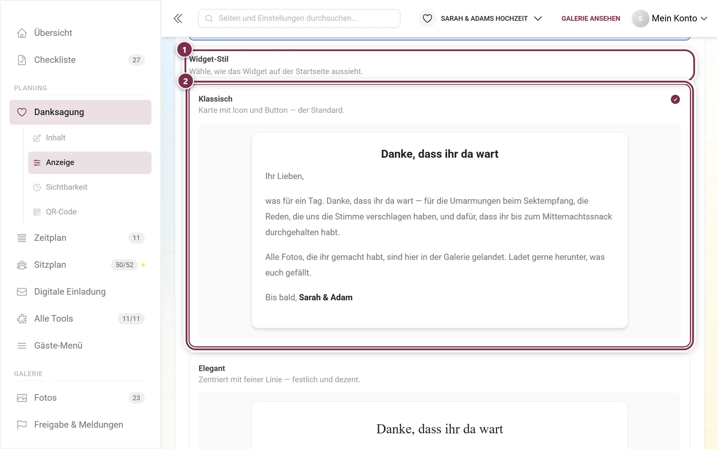 Auswahl des Widget-Stils mit ausgewählter Karte Klassisch
