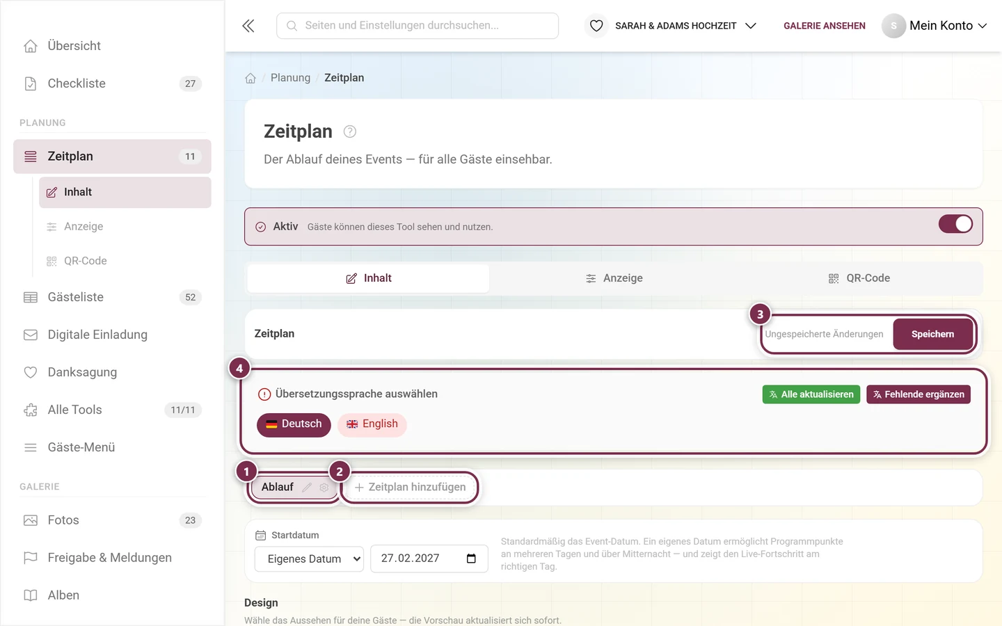 Zeitplan-Tool mit markierter Reiter-Leiste, Zeitplan hinzufügen, Sprachleiste und Speichern