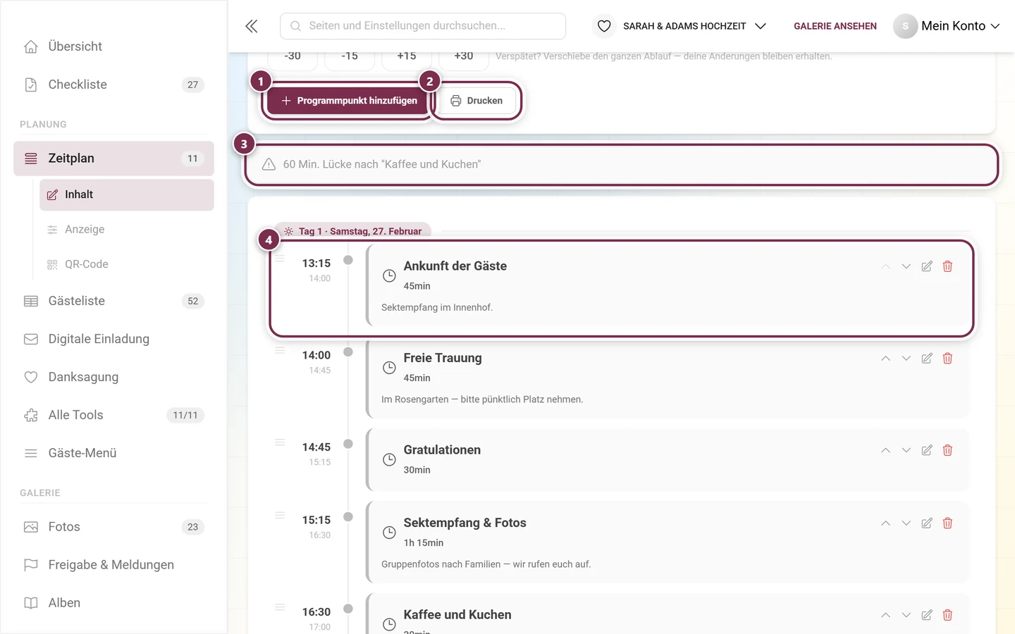 Zeitplan-Editor mit markiertem Programmpunkt hinzufügen, Drucken, der Lücken-Warnung und dem ersten Programmpunkt