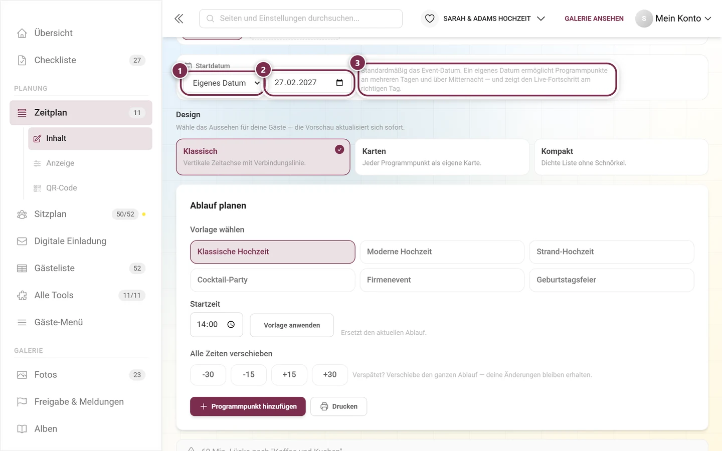 Bereich Startdatum mit markierter Auswahlliste, Datumsfeld und Erklärtext