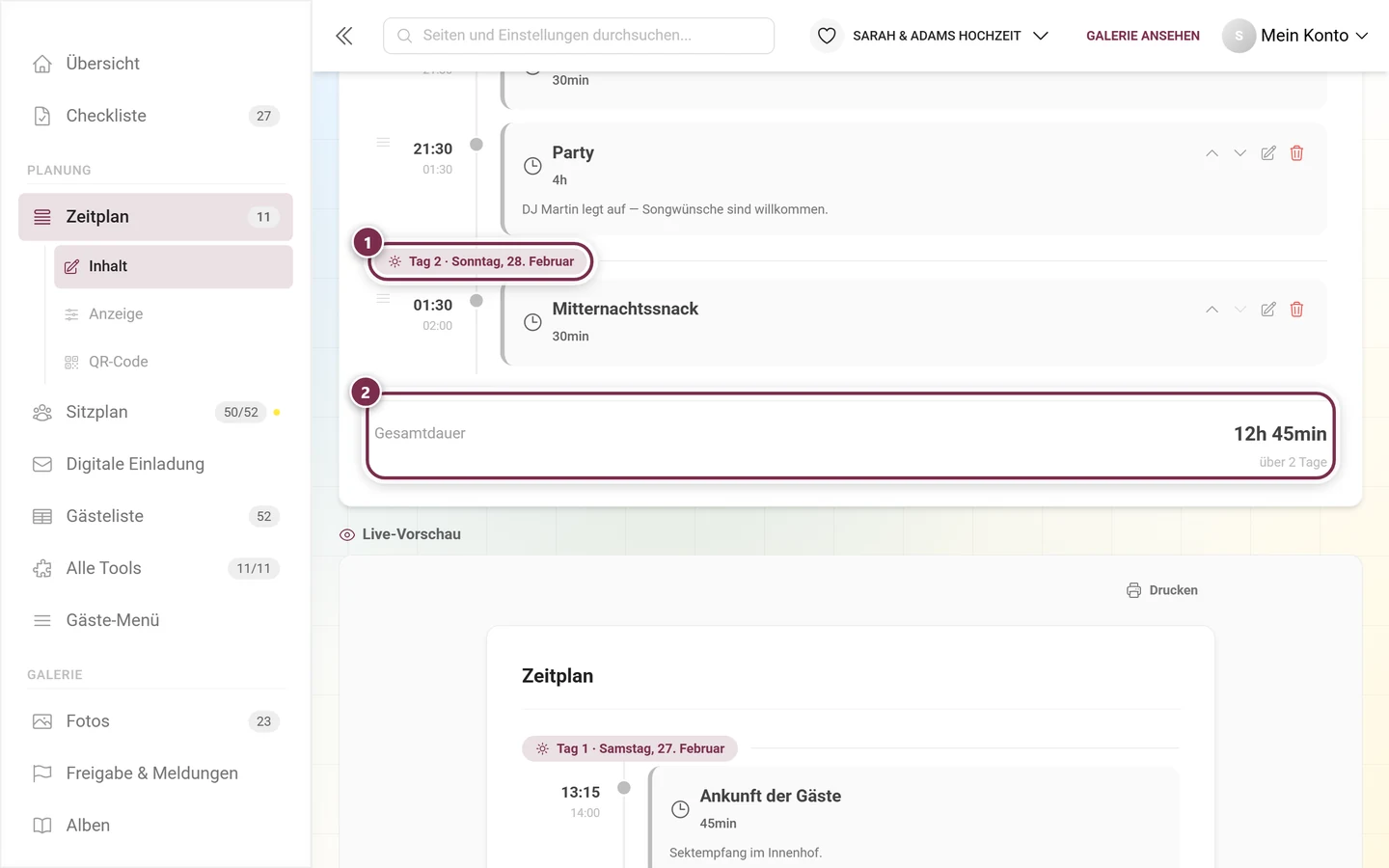 Ende der Programmpunkt-Liste mit markiertem Tagestrenner und der Fußzeile Gesamtdauer