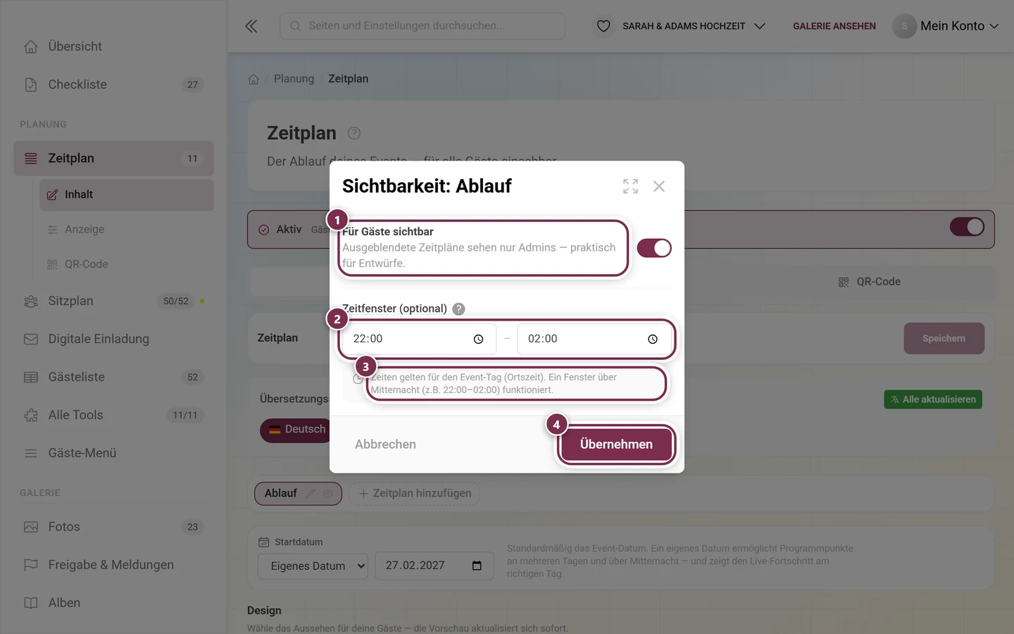 Dialog Sichtbarkeit: Ablauf mit markiertem Schalter, den beiden Zeitfeldern, dem Hinweis und dem Übernehmen-Knopf