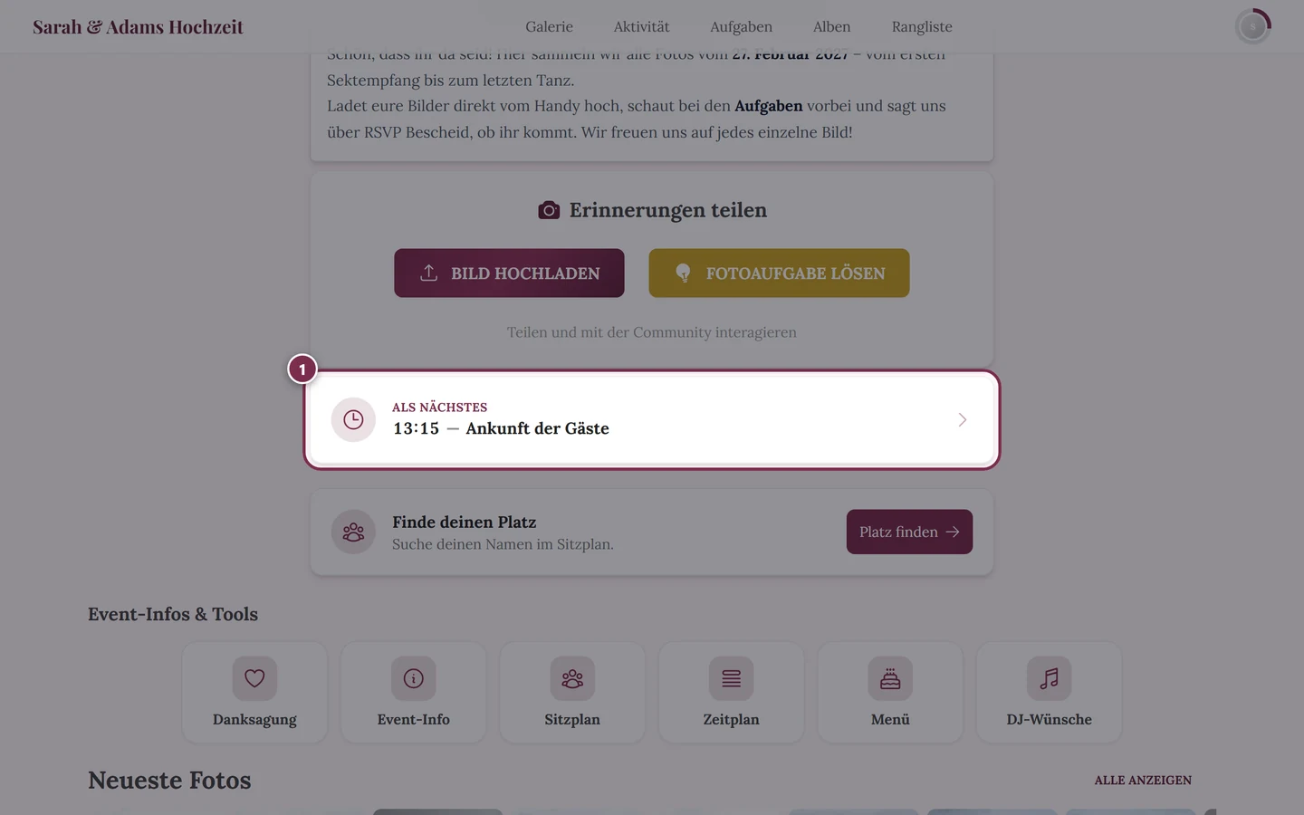Startseite der Galerie mit dem Zeitplan-Widget Als Nächstes