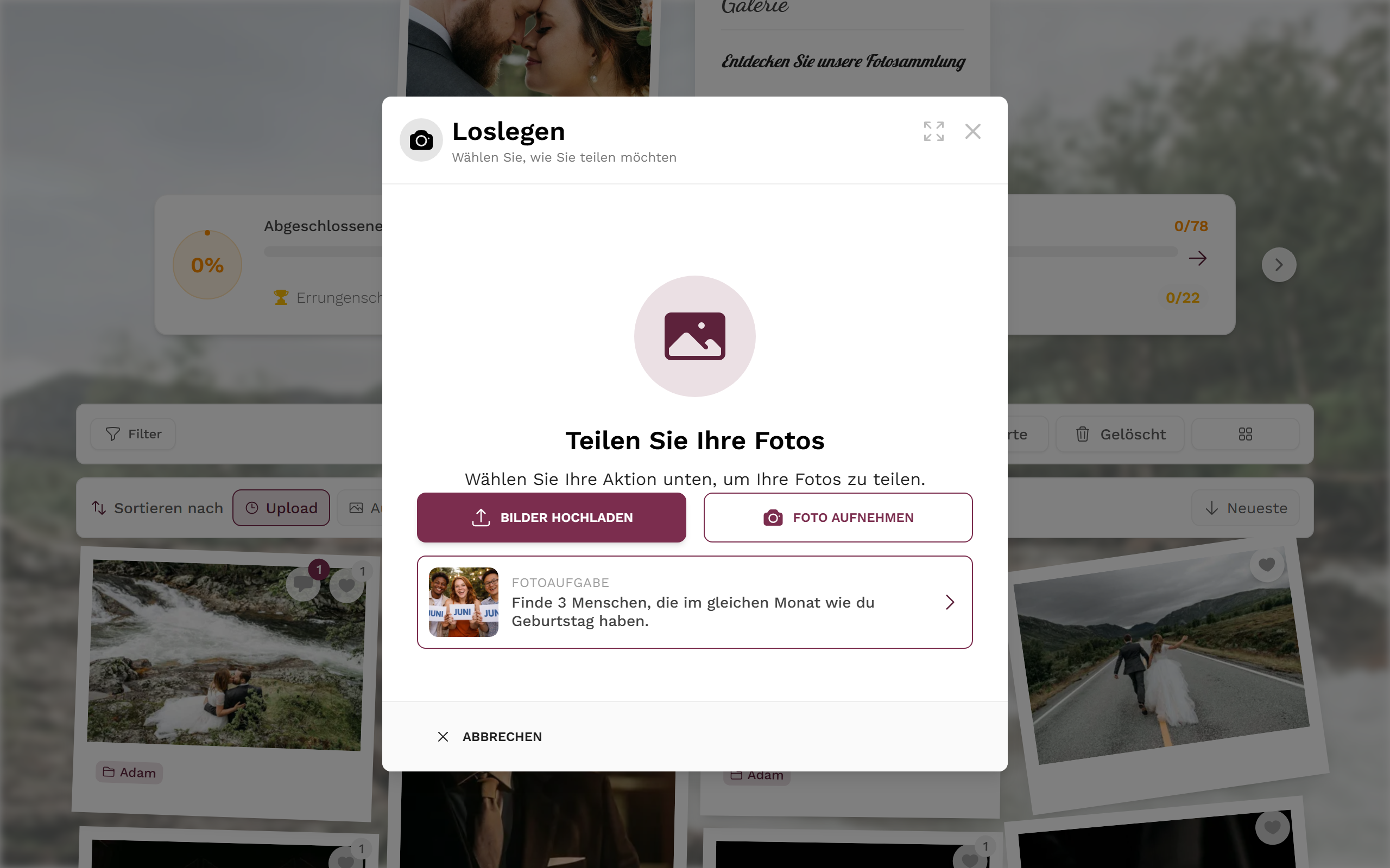 Upload-Dialog mit den Quellen Bilder hochladen und Foto aufnehmen