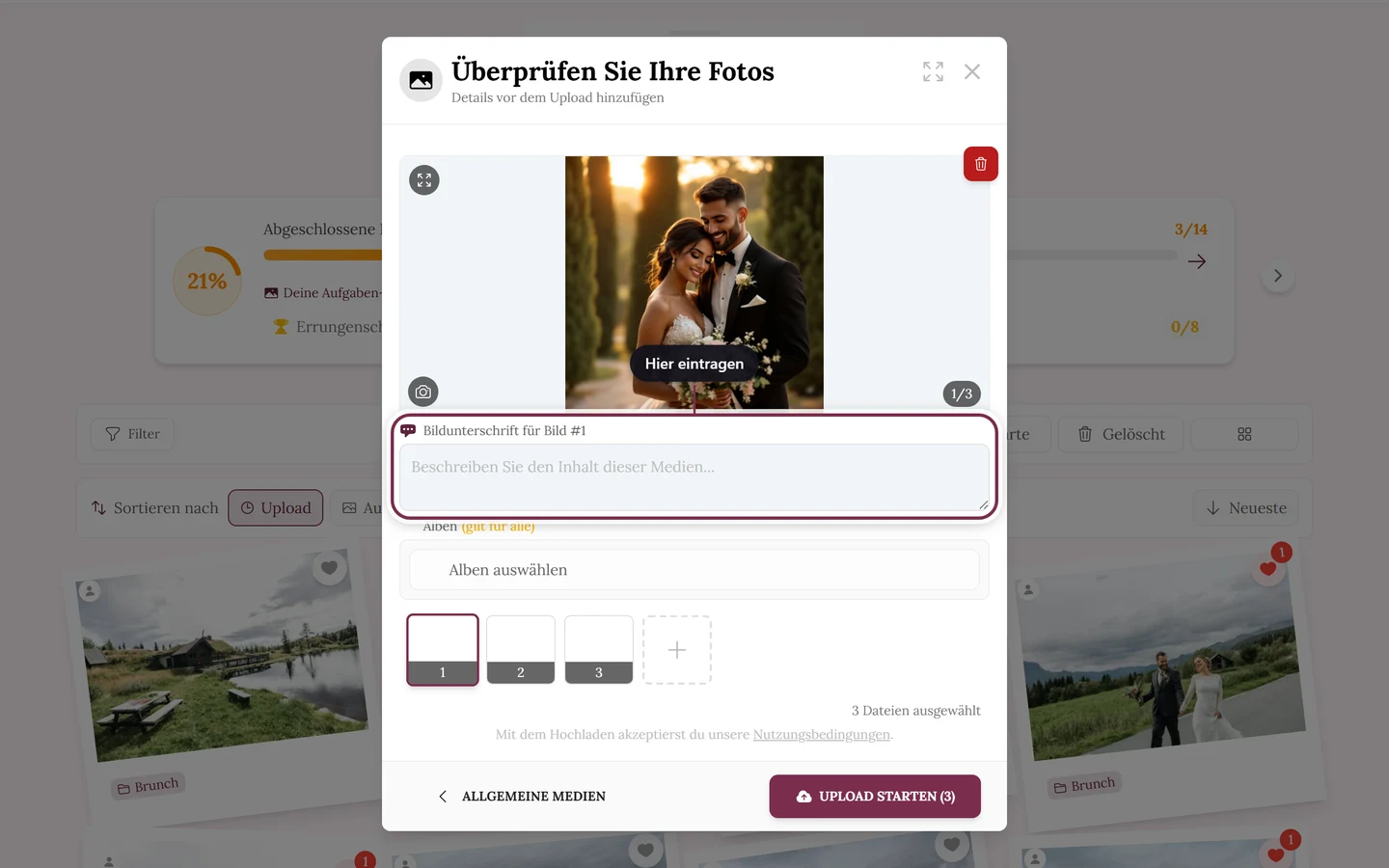 Prüf-Bildschirm des Uploads, das Feld für die Bildunterschrift ist markiert