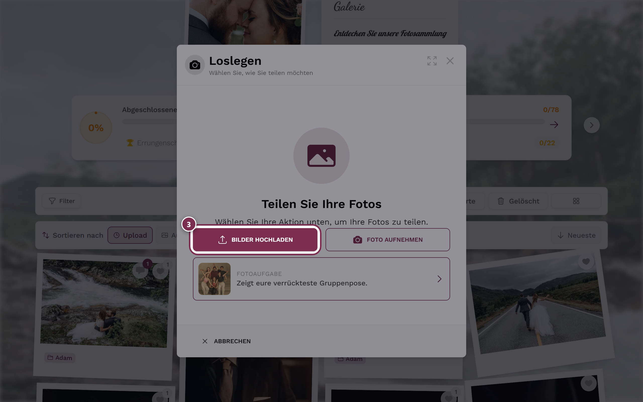 Upload-Dialog mit markiertem Bilder-hochladen-Button