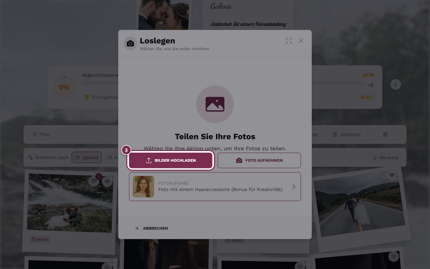 Upload-Dialog mit dem Knopf Bilder hochladen