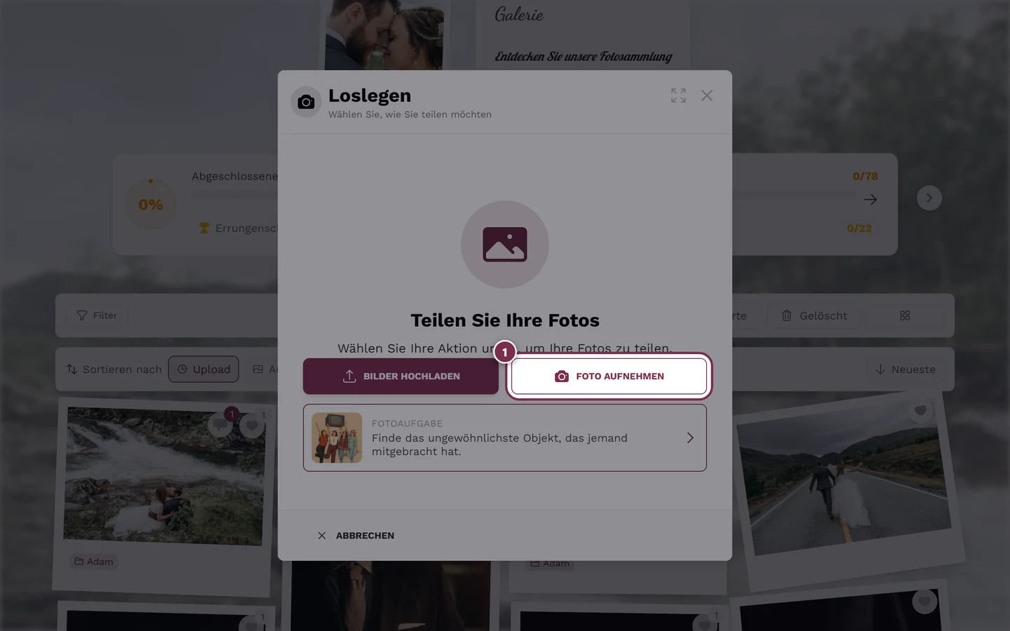 Upload-Dialog mit hervorgehobenem Button Foto aufnehmen