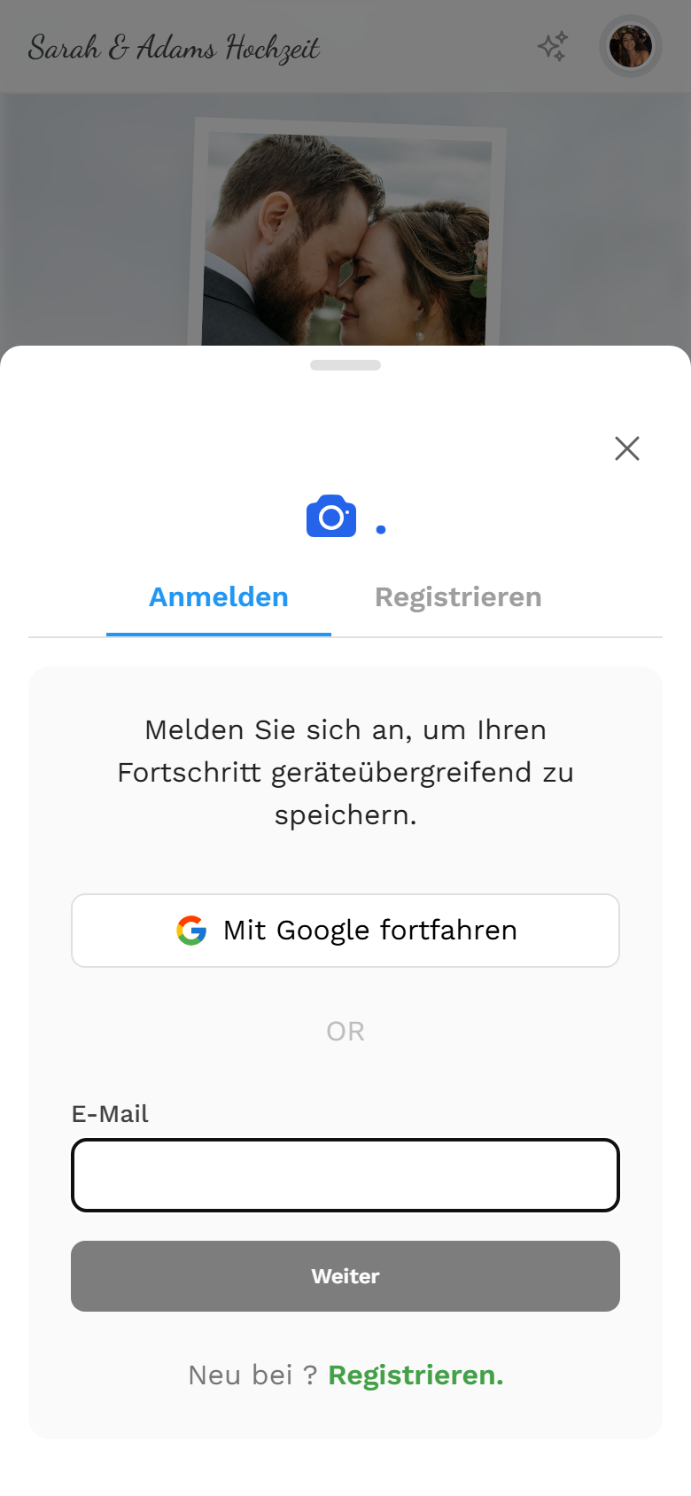 Anmelde-Dialog mit Google und E-Mail-Optionen