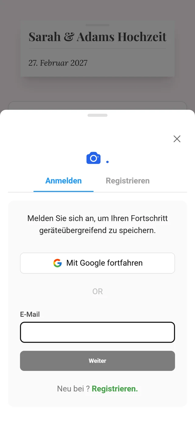 Anmelde-Dialog mit Google und E-Mail-Optionen