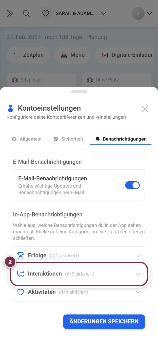 Reiter Benachrichtigungen mit den drei zugeklappten Kategorien, die Kopfzeile Interaktionen ist rot markiert