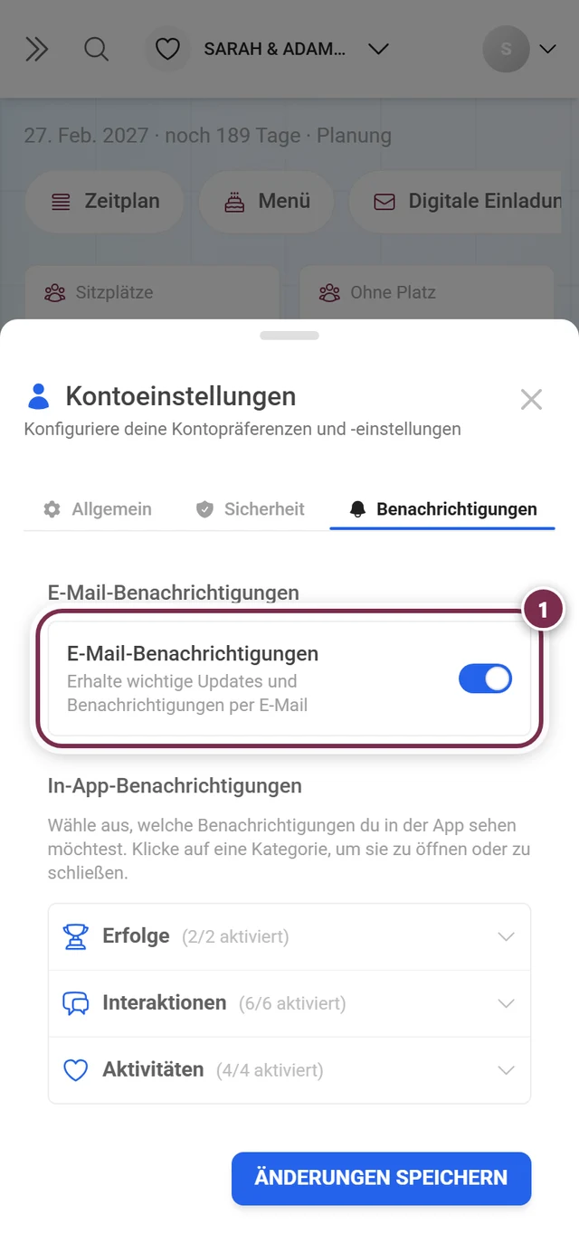 Reiter Benachrichtigungen mit rot markiertem Kasten E-Mail-Benachrichtigungen und dem Umschalter rechts
