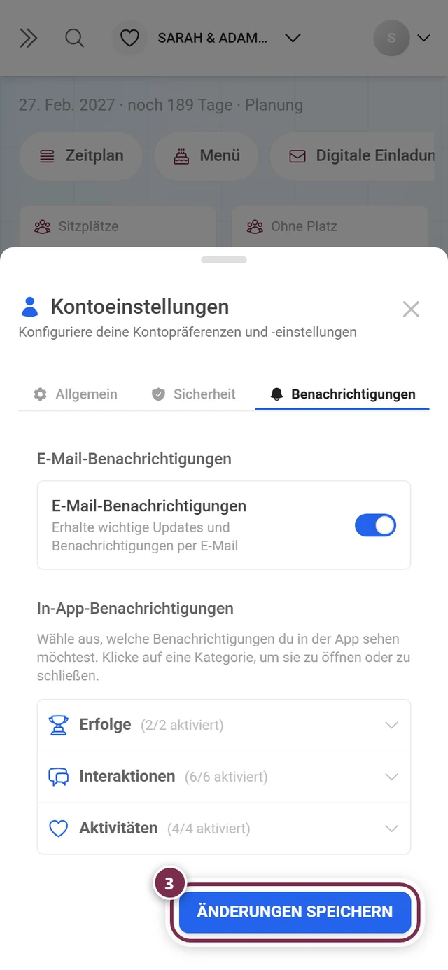Unteres Ende des Reiters Benachrichtigungen mit dem rot markierten Knopf Änderungen speichern