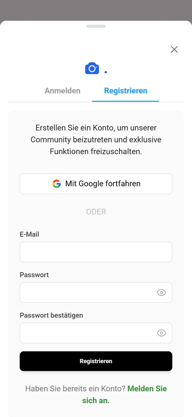 Registrieren-Ansicht mit E-Mail-, Passwort- und Passwort-bestätigen-Feldern