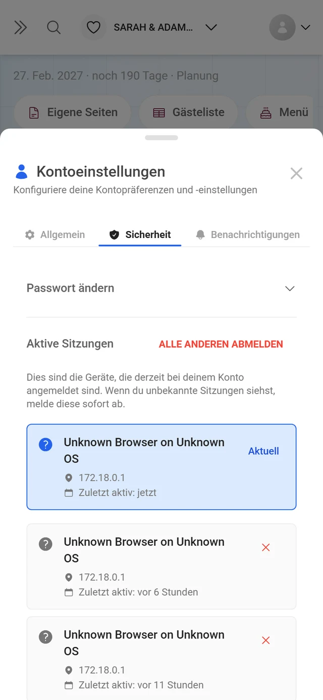 Reiter Sicherheit der Kontoeinstellungen mit der Liste der aktiven Sitzungen
