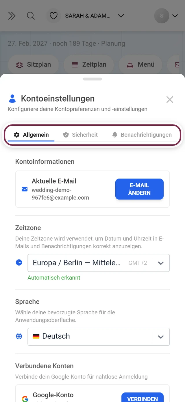 Dialog Kontoeinstellungen mit rot markierter Reiterleiste