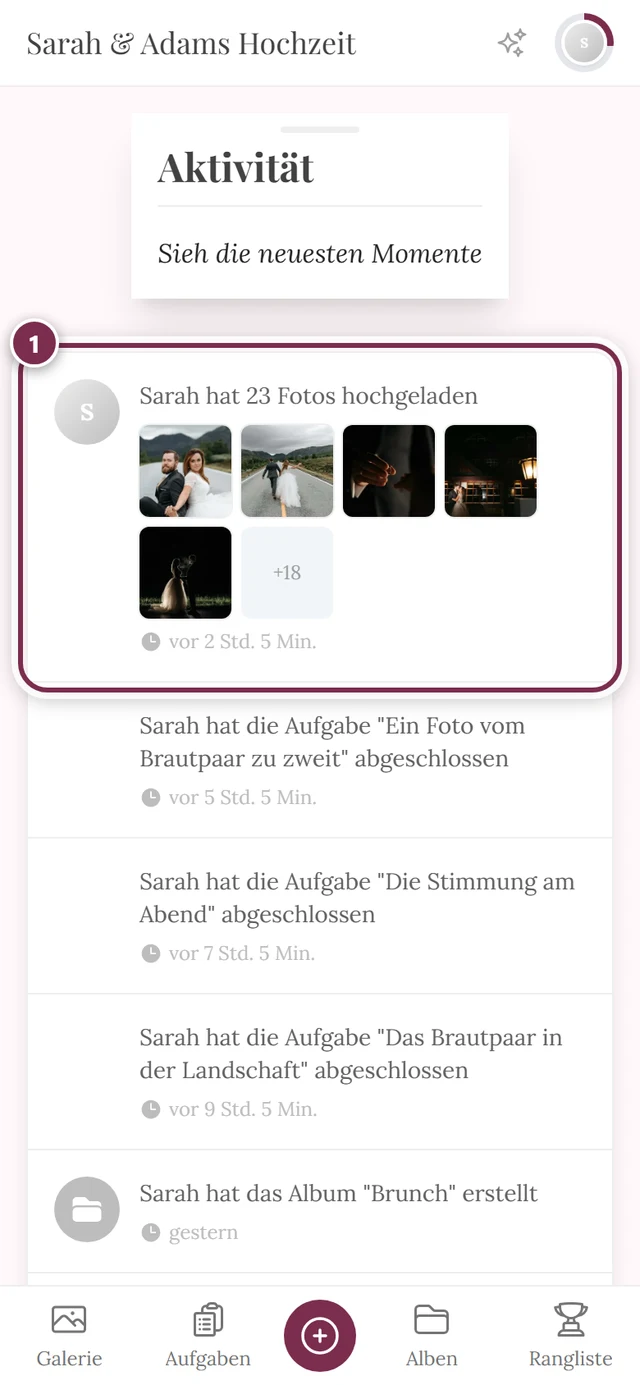 Aktivitäts-Feed, die oberste und damit neueste Zeile ist markiert