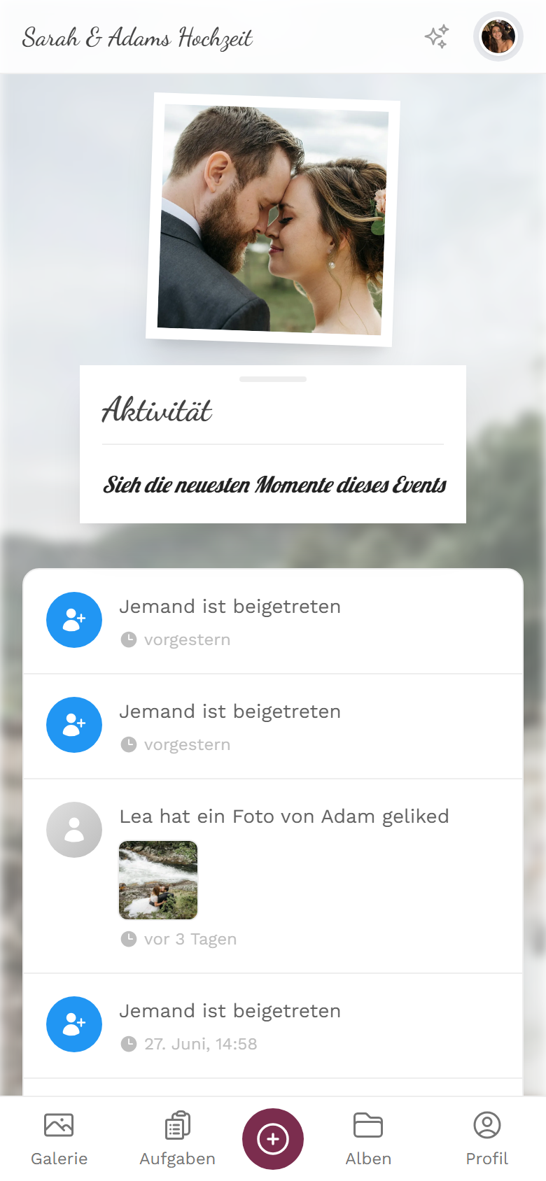Chronologische Liste mit neuen Uploads, Kommentaren, Likes und Erfolgen