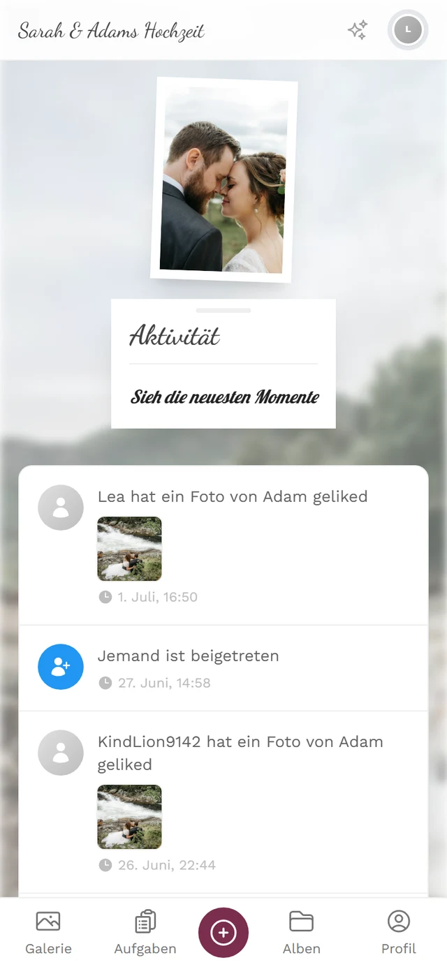 Chronologische Liste mit neuen Uploads, Kommentaren, Likes und Erfolgen