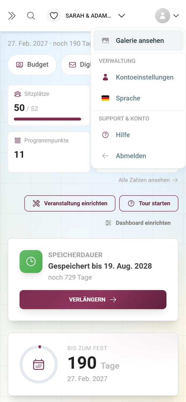 Geöffnetes Konto-Menü im Admin-Bereich mit dem Abschnitt Verwaltung
