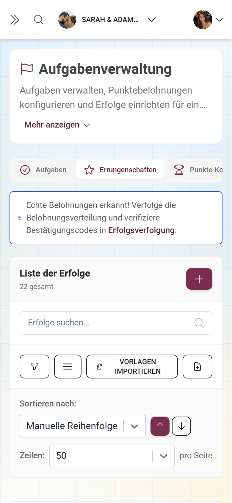 Achievements-Editor mit Liste der Erfolge