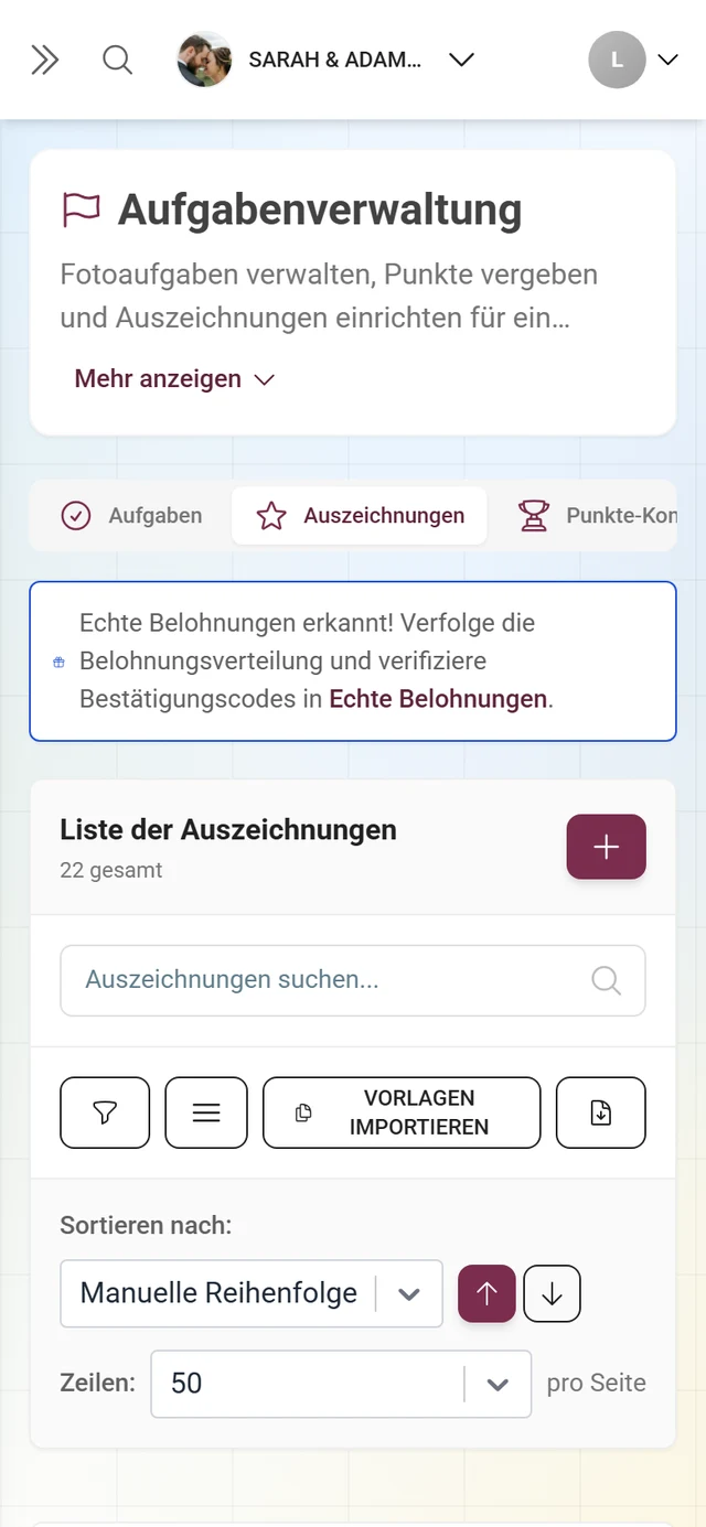 Auszeichnungs-Verwaltung mit Abzeichen, Belohnungen und Bedingungen