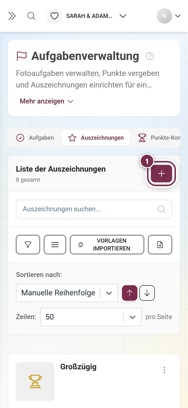 Auszeichnungs-Verwaltung mit rot markiertem Knopf Auszeichnung erstellen über der Liste