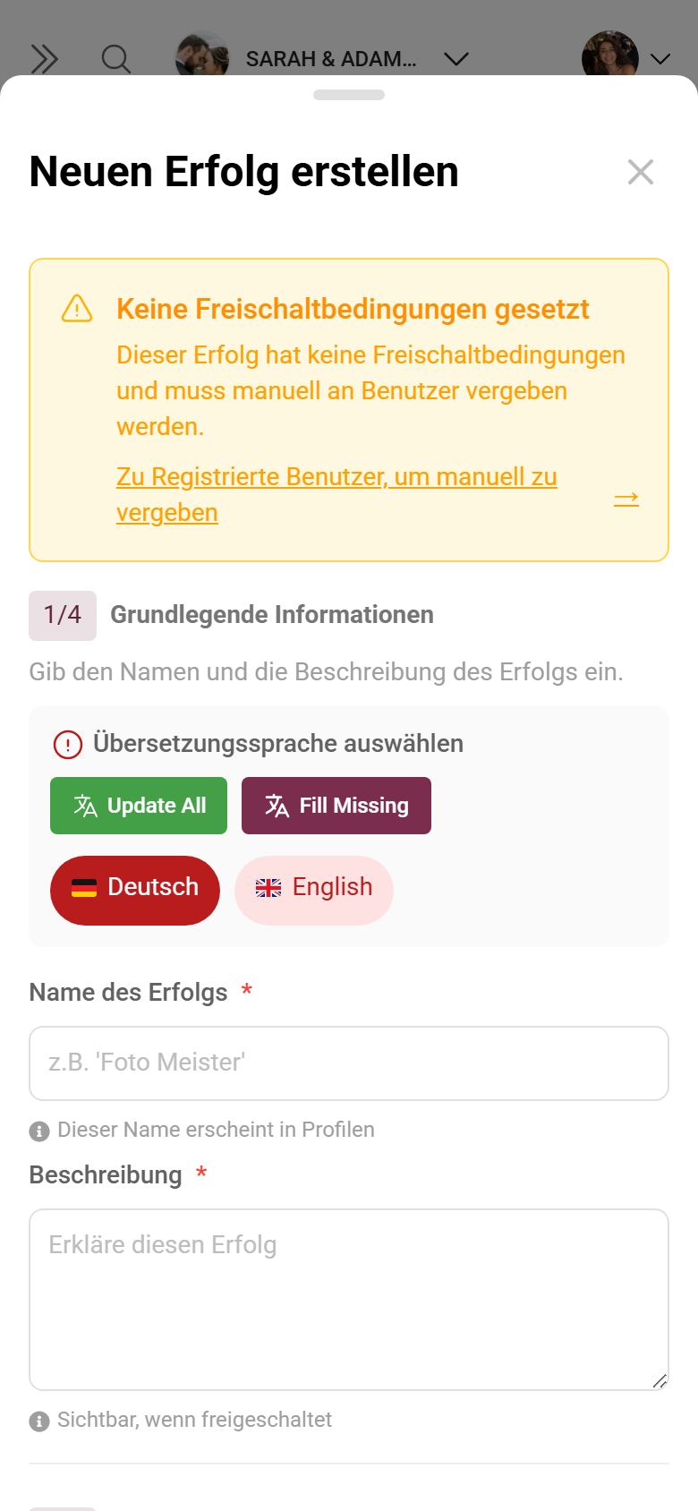 Dialog zum Anlegen eines Erfolgs mit Name, Bedingung und Belohnung