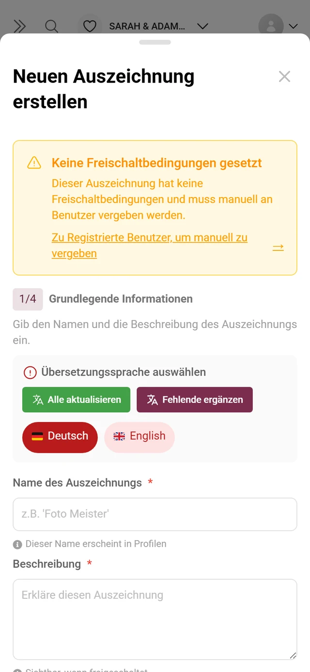 Dialog zum Anlegen einer Auszeichnung mit Name, Bedingung und Belohnung