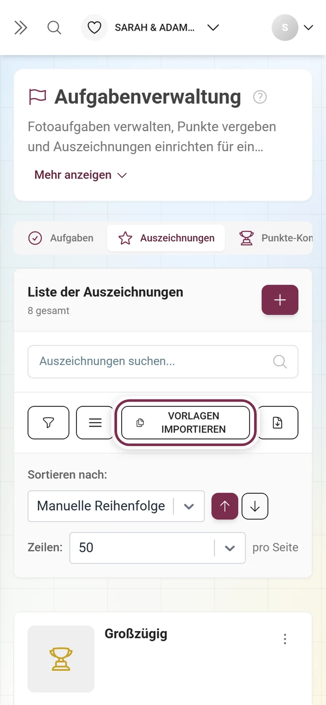 Werkzeugleiste der Auszeichnungs-Verwaltung mit rot markiertem Knopf Vorlagen importieren