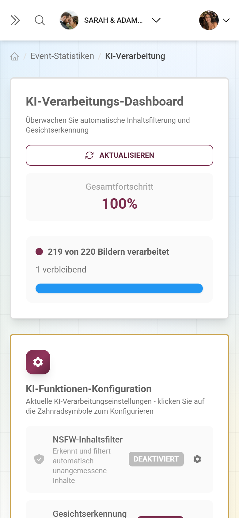 KI-Verarbeitungs-Dashboard mit NSFW-Filter und Gesichtserkennung