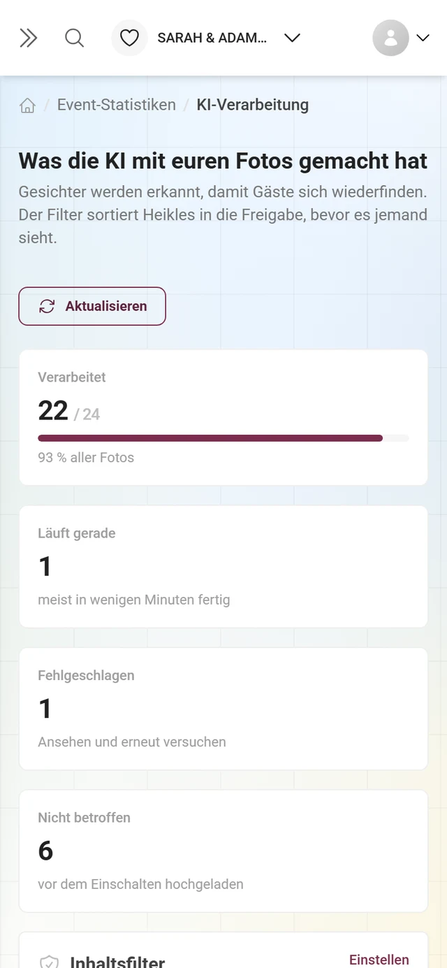 Seite „Was die KI mit euren Fotos gemacht hat“ mit vier Kennzahl-Kacheln und je einer Karte für Inhaltsfilter und Gesichter