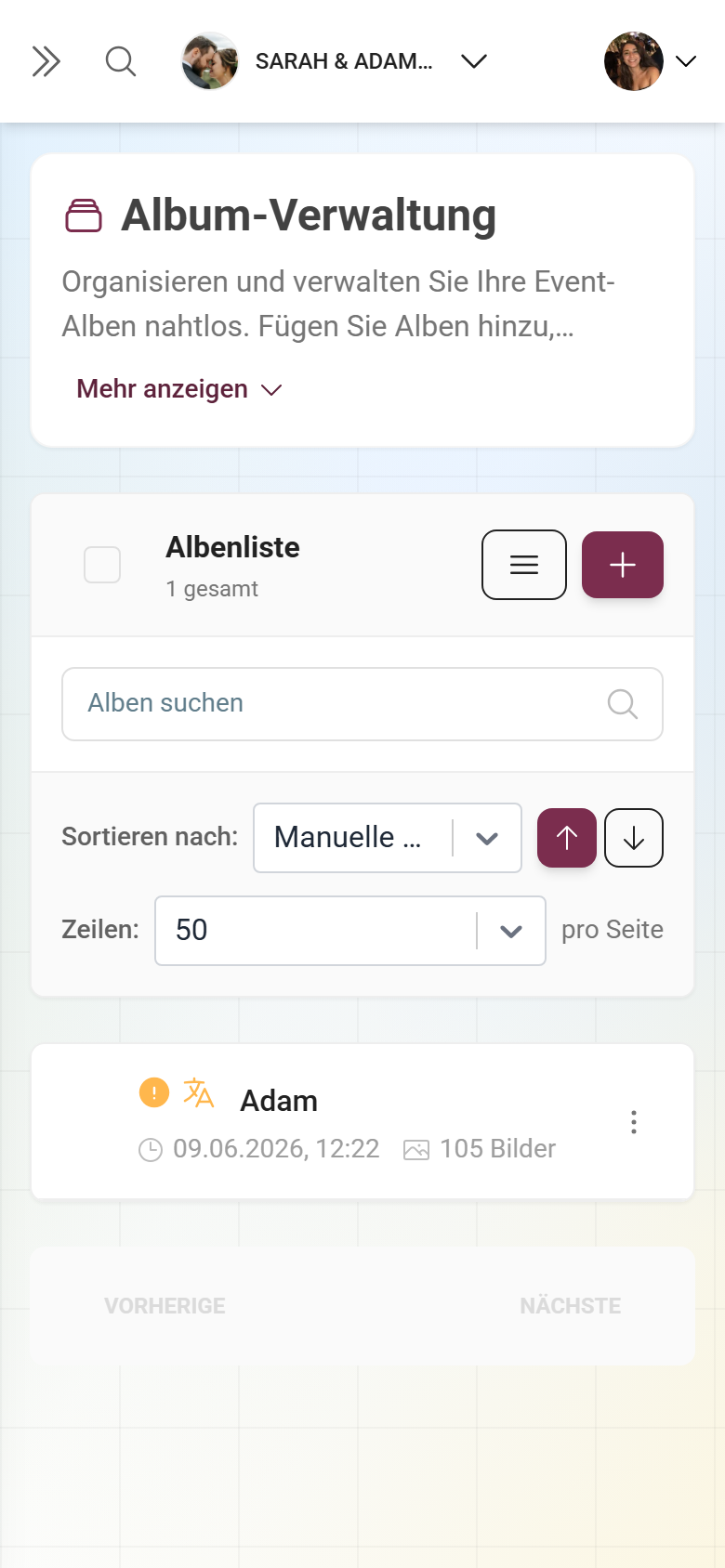 Album-Manager mit Liste der Alben und Button zum Anlegen