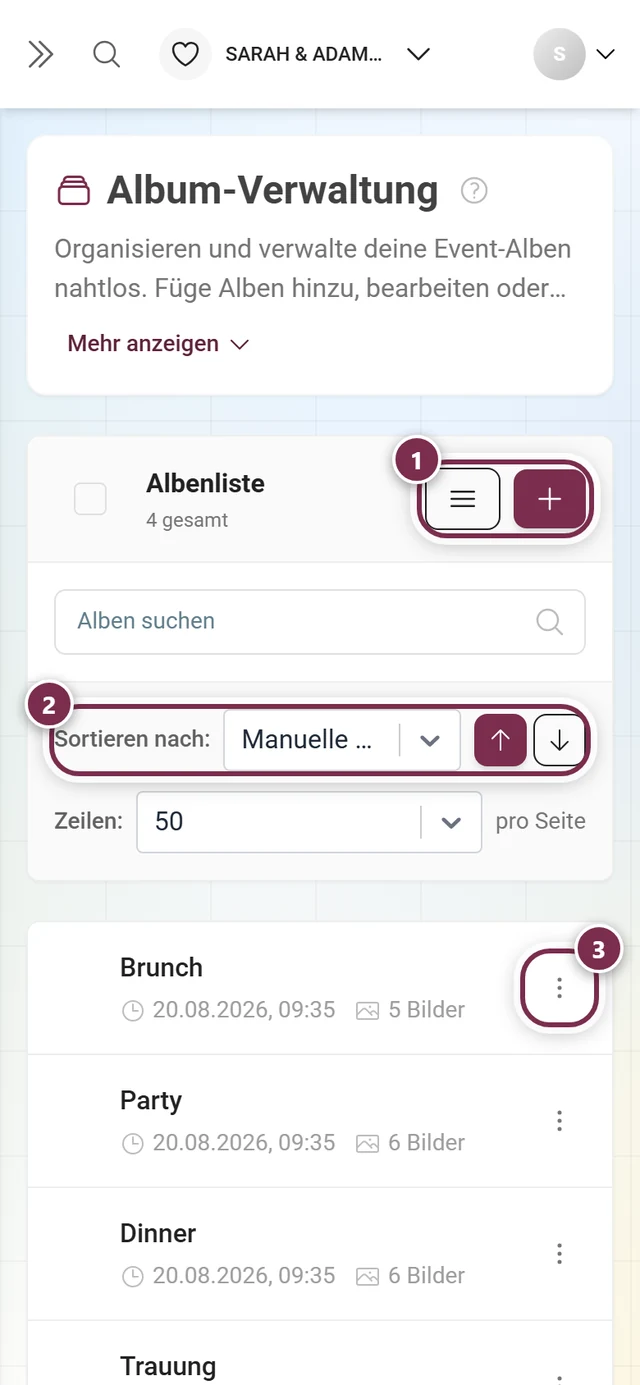 Album-Verwaltung mit Album-Liste, Suche, Sortierung und Neu-Button
