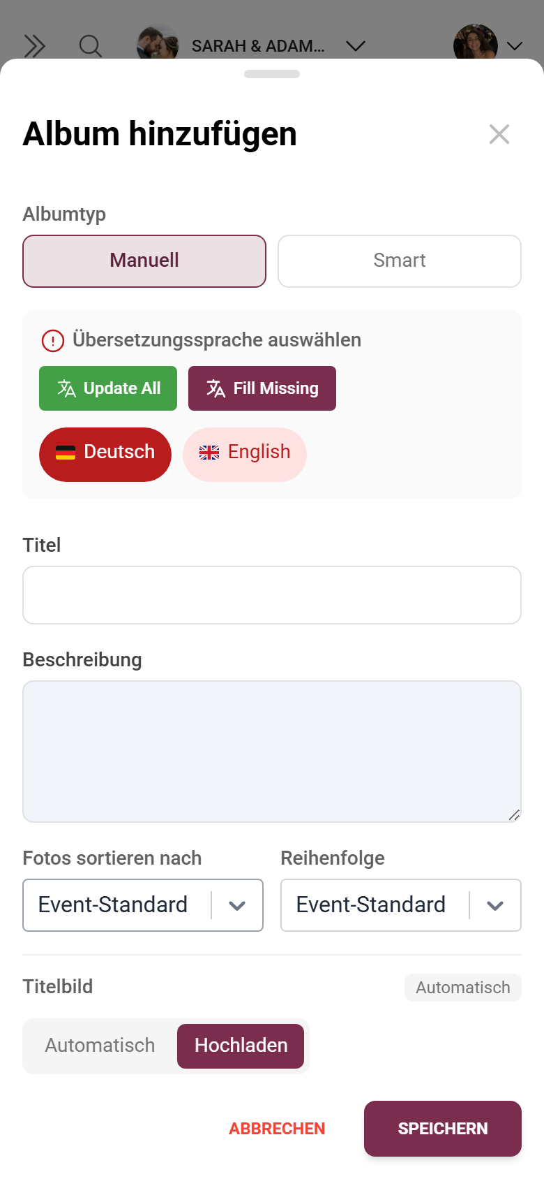 Dialog zum Anlegen eines Albums mit Albumtyp, Titel, Beschreibung, Foto-Sortierung und Titelbild