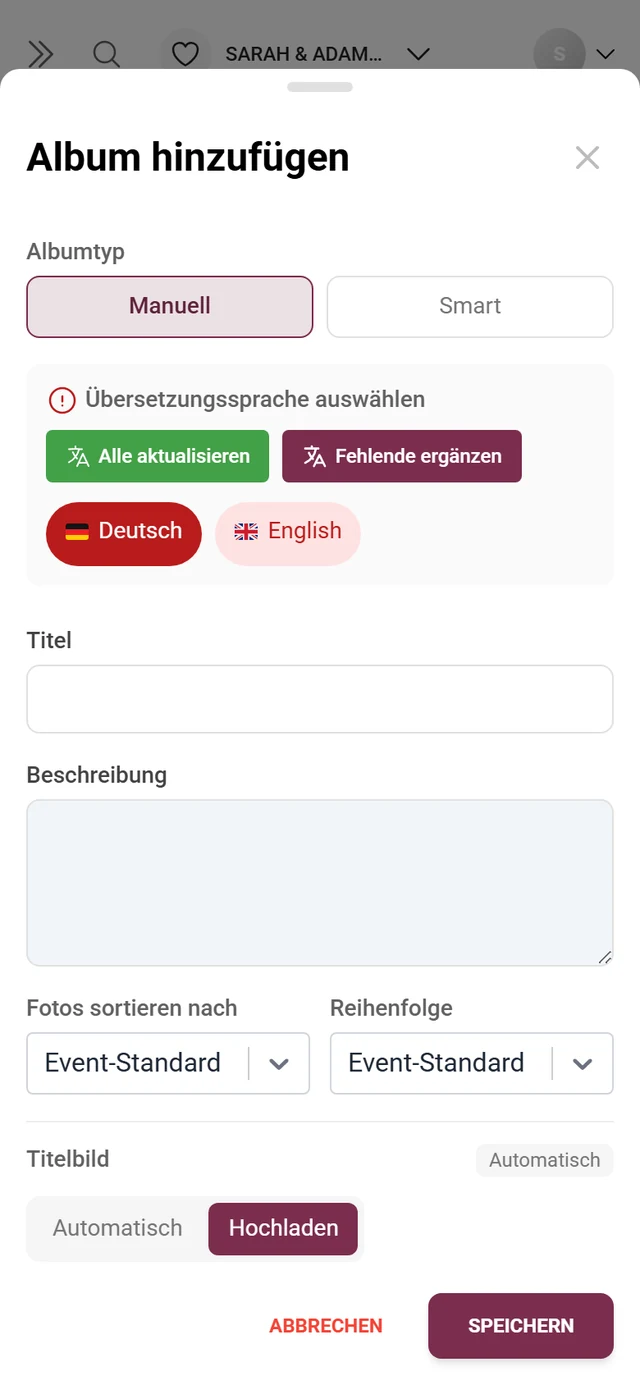 Dialog zum Anlegen eines Albums mit Albumtyp, Titel, Beschreibung, Foto-Sortierung und Titelbild