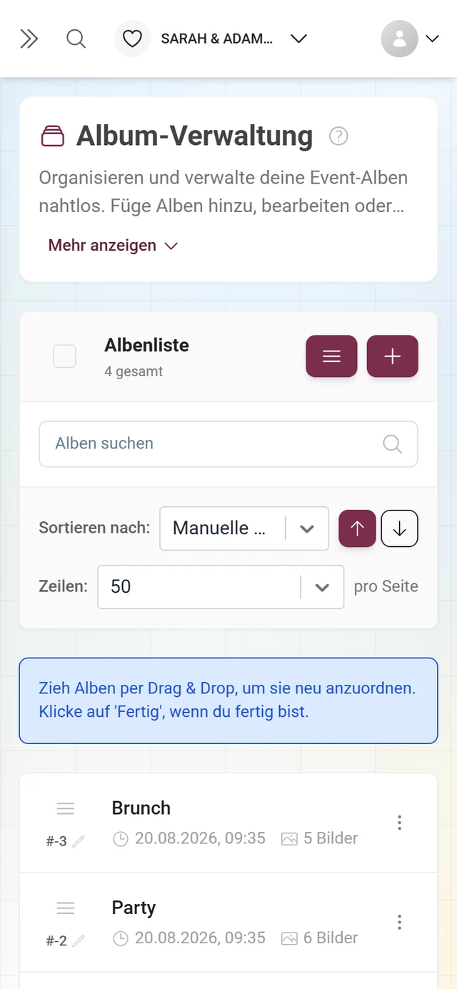 Album-Verwaltung im Sortiermodus mit Hinweis auf Drag & Drop und dem Knopf Fertig