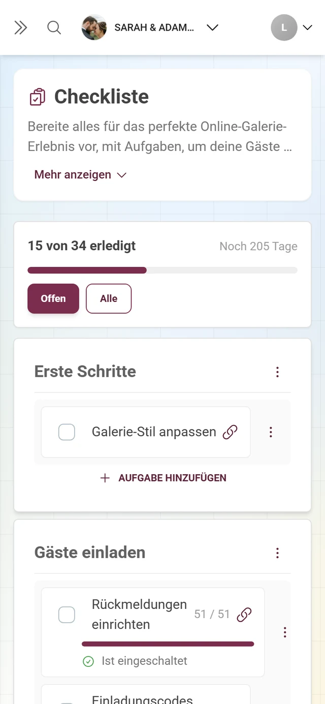 Einrichtungs-Checkliste mit Fortschrittskopf, Kategorien und Aufgaben