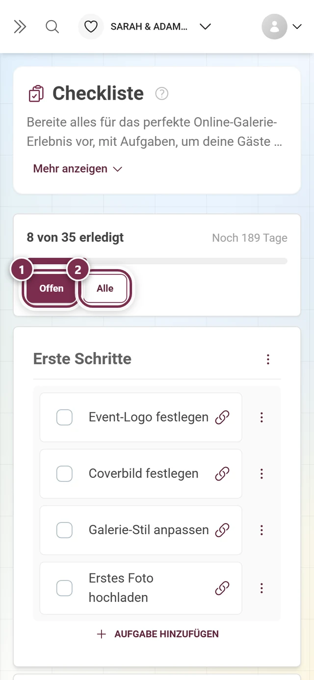 Kopf der Checklisten-Vollansicht mit den markierten Filterknöpfen Offen und Alle